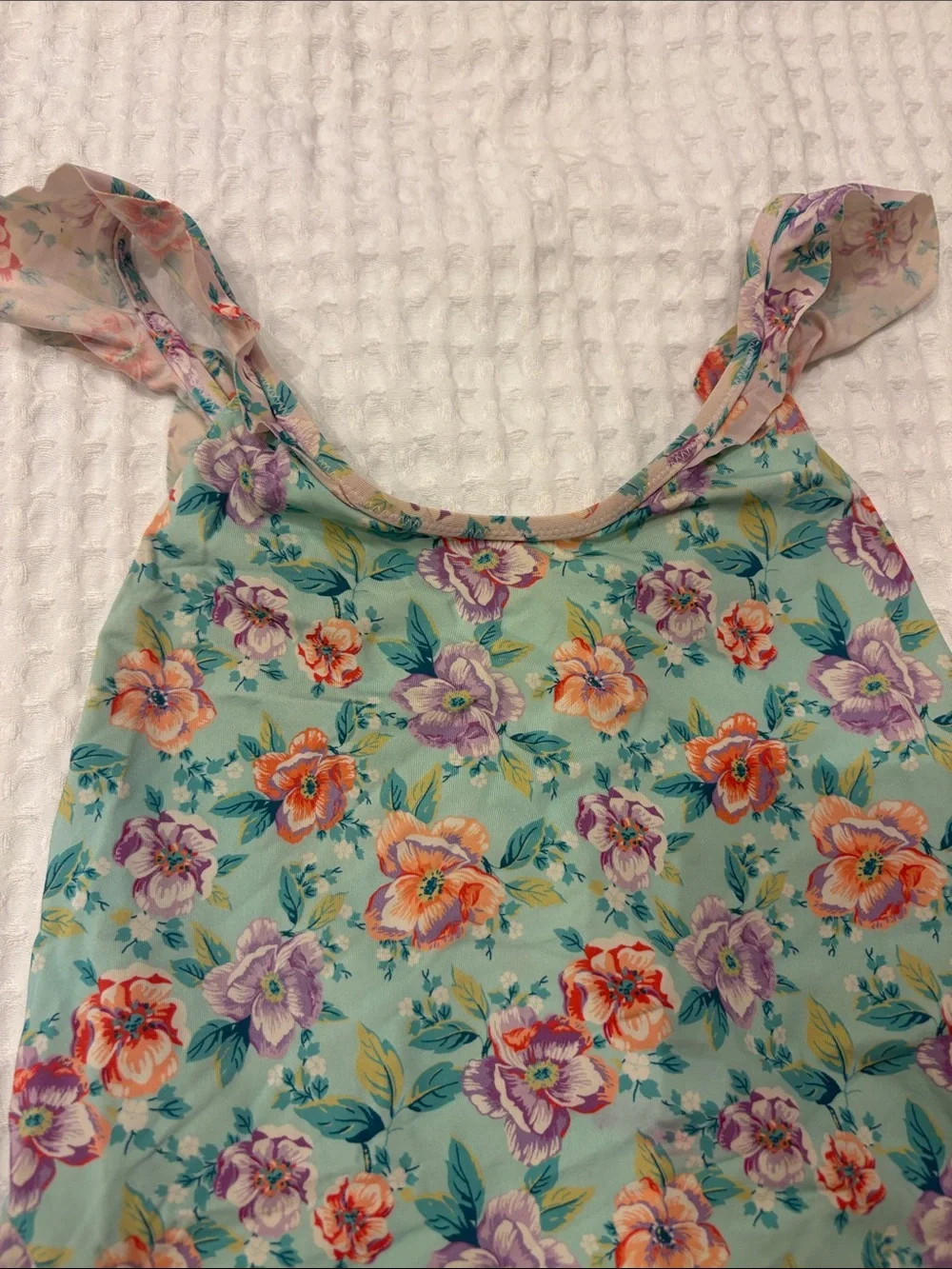 Little Girls' Aqua Floral One-Piece Swimsuit with Ruffle Straps
